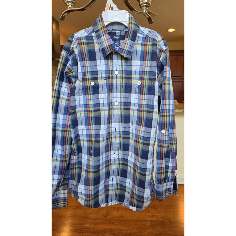 GAP Kids Boys Blue Plaid Button Down Cotton Shirt Size Large (10-11)